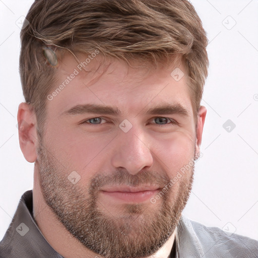 Neutral white young-adult male with short  brown hair and grey eyes