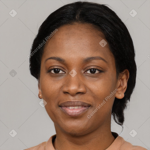 Joyful black young-adult female with medium  black hair and brown eyes