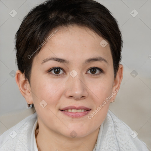 Joyful white young-adult female with short  brown hair and brown eyes