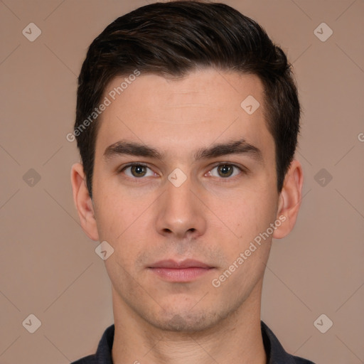 Neutral white young-adult male with short  brown hair and brown eyes