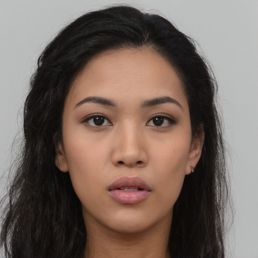Neutral asian young-adult female with long  brown hair and brown eyes