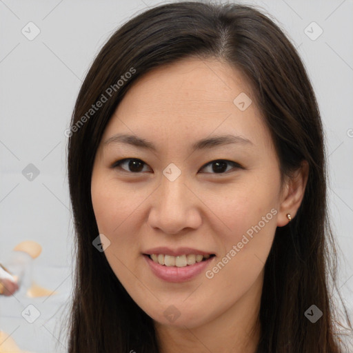 Joyful white young-adult female with long  brown hair and brown eyes