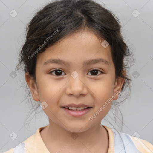 Joyful white child female with medium  brown hair and brown eyes