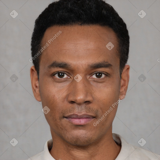 Neutral latino young-adult male with short  black hair and brown eyes