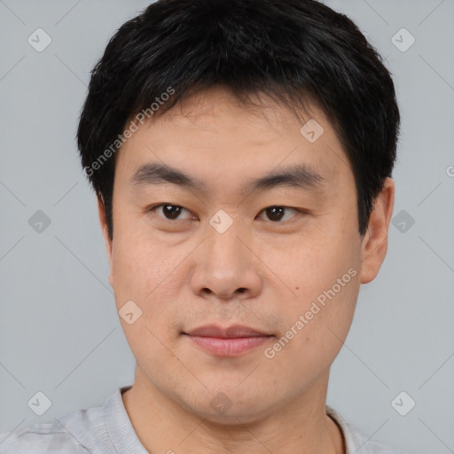 Neutral asian young-adult male with short  black hair and brown eyes