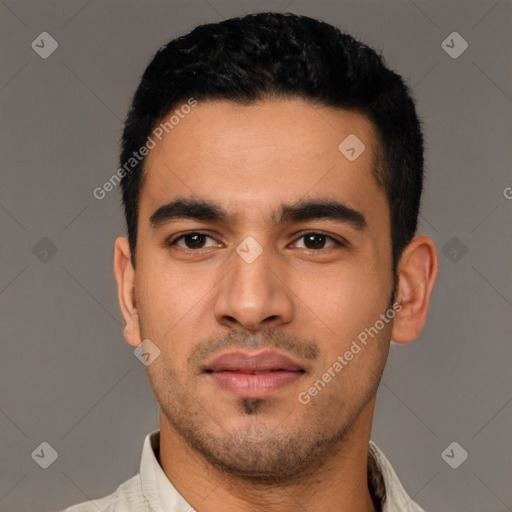 Neutral latino young-adult male with short  black hair and brown eyes