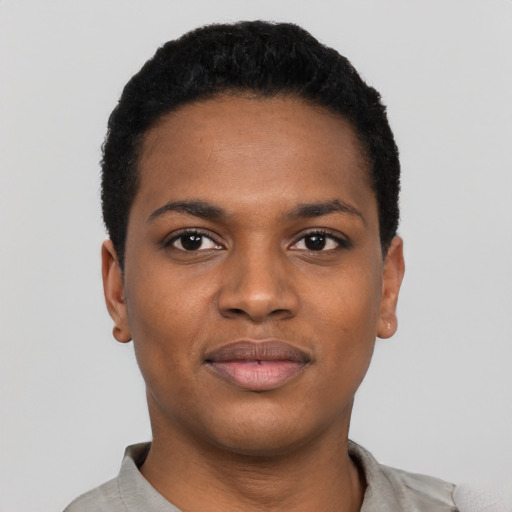 Joyful black young-adult male with short  black hair and brown eyes