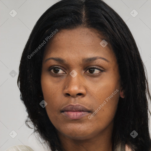 Joyful asian young-adult female with long  black hair and brown eyes