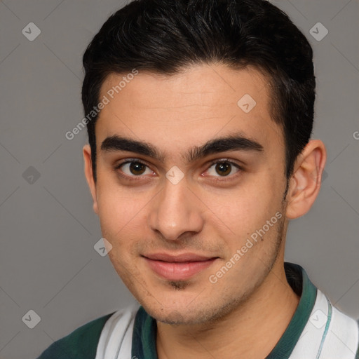 Joyful white young-adult male with short  brown hair and brown eyes