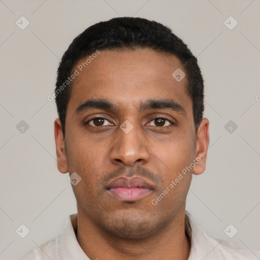 Neutral latino young-adult male with short  black hair and brown eyes