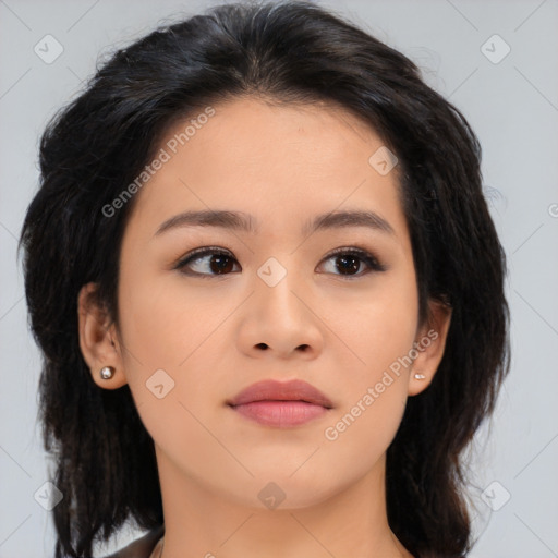 Neutral asian young-adult female with medium  brown hair and brown eyes