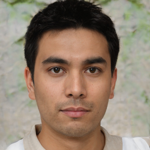 Neutral asian young-adult male with short  brown hair and brown eyes