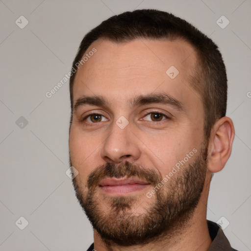 Neutral white young-adult male with short  brown hair and brown eyes