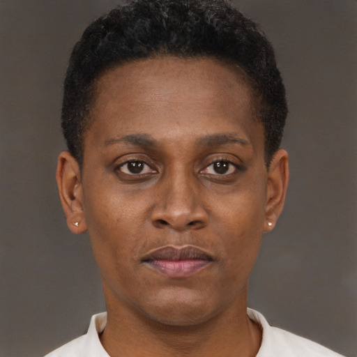 Neutral black young-adult female with short  brown hair and brown eyes