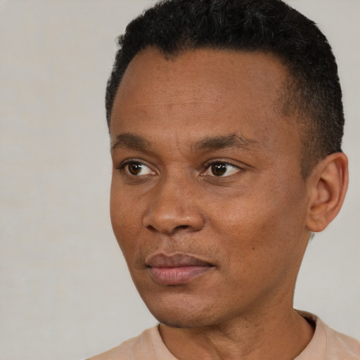 Joyful black young-adult male with short  black hair and brown eyes