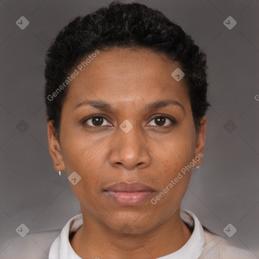 Neutral black young-adult female with short  black hair and brown eyes