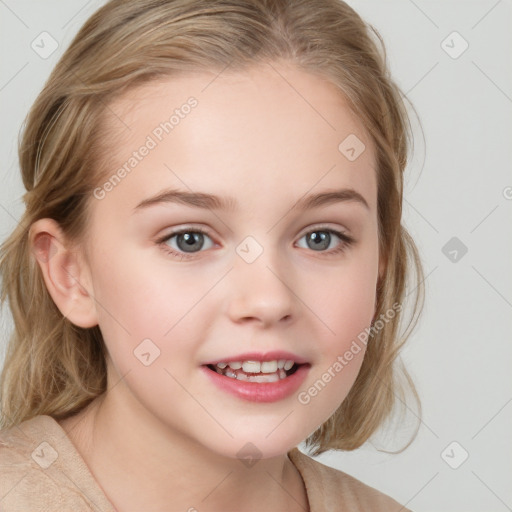 Joyful white child female with medium  brown hair and blue eyes