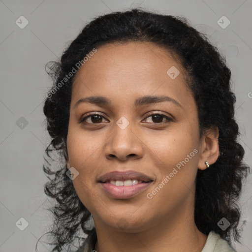 Joyful latino young-adult female with long  brown hair and brown eyes