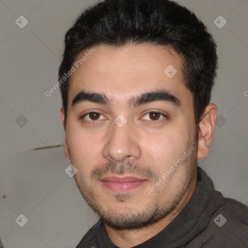 Neutral white young-adult male with short  black hair and brown eyes
