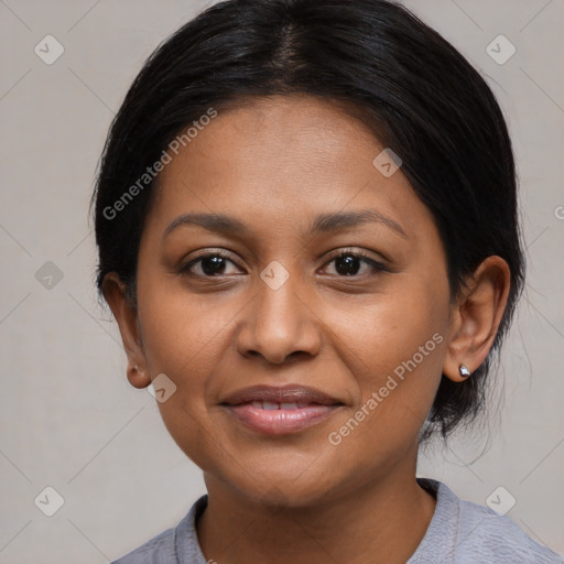 Joyful black young-adult female with medium  black hair and brown eyes