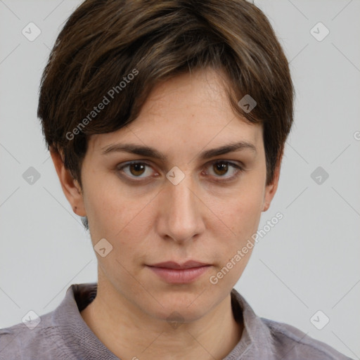 Neutral white young-adult female with short  brown hair and grey eyes