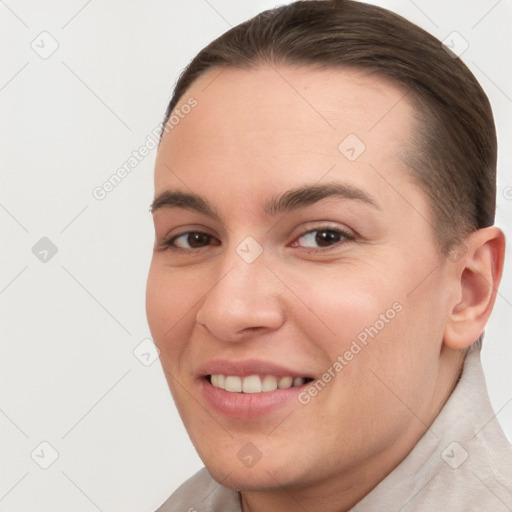 Joyful white young-adult female with short  brown hair and brown eyes