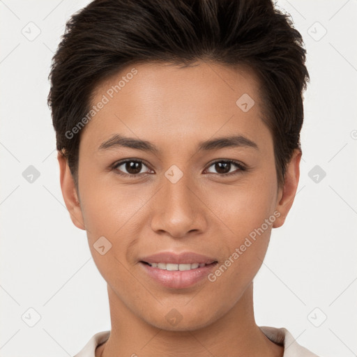 Joyful white young-adult female with short  brown hair and brown eyes