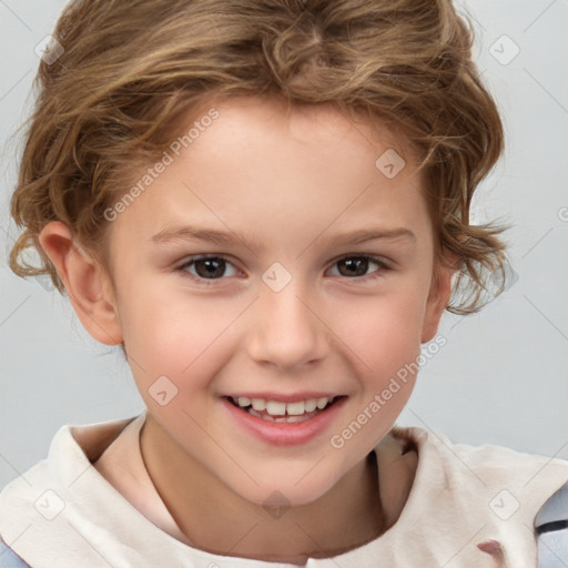 Joyful white child female with short  brown hair and brown eyes