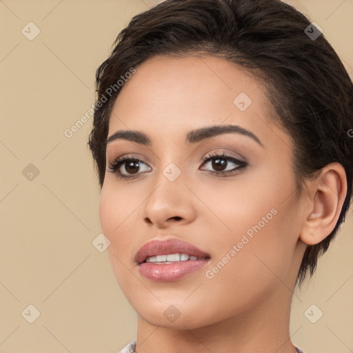 Joyful white young-adult female with medium  brown hair and brown eyes