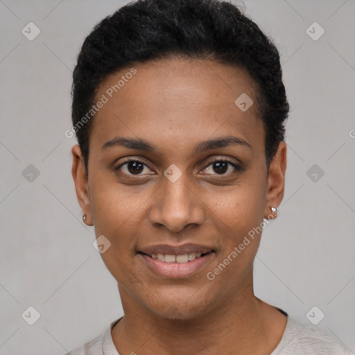 Joyful latino young-adult female with short  black hair and brown eyes