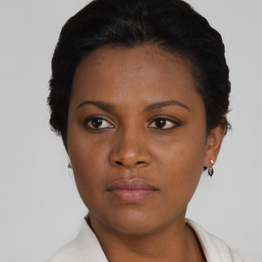 Neutral black young-adult female with short  black hair and brown eyes