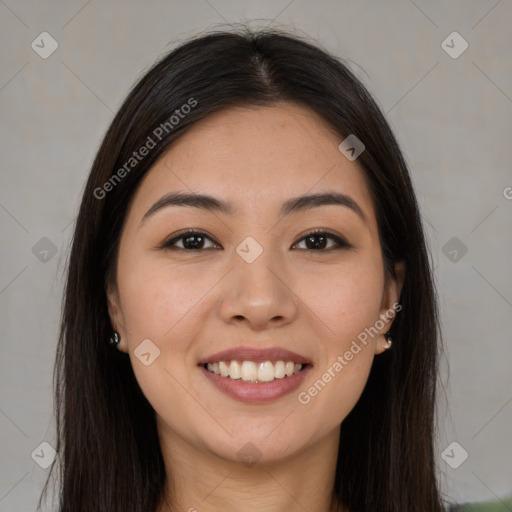 Joyful white young-adult female with long  brown hair and brown eyes