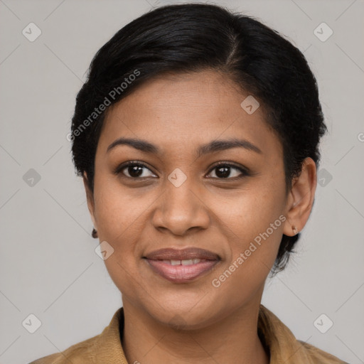 Joyful latino young-adult female with short  brown hair and brown eyes