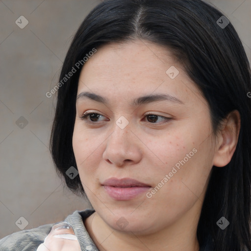 Joyful asian young-adult female with medium  black hair and brown eyes