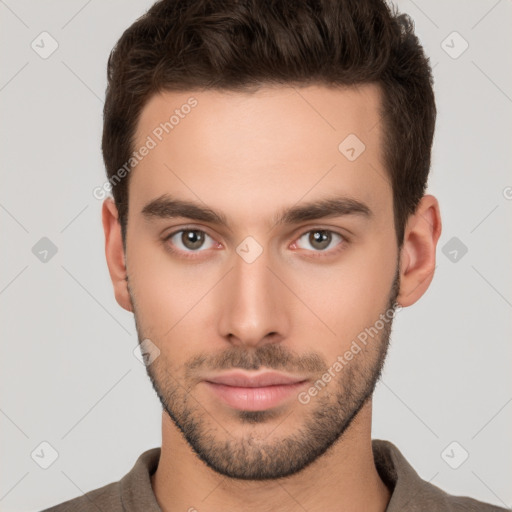 Neutral white young-adult male with short  brown hair and brown eyes