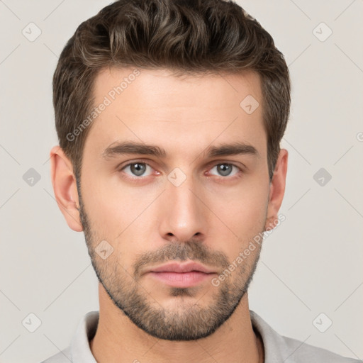 Neutral white young-adult male with short  brown hair and brown eyes