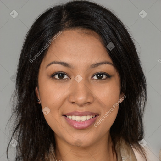 Joyful latino young-adult female with medium  brown hair and brown eyes