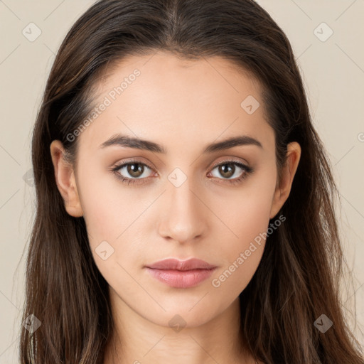 Neutral white young-adult female with long  brown hair and brown eyes