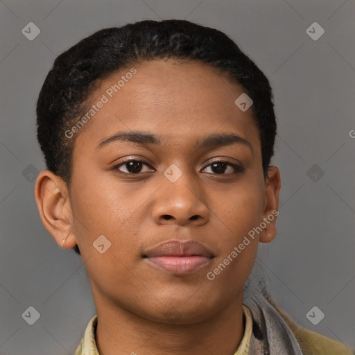 Joyful black young-adult female with short  brown hair and brown eyes