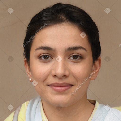 Joyful white young-adult female with short  brown hair and brown eyes