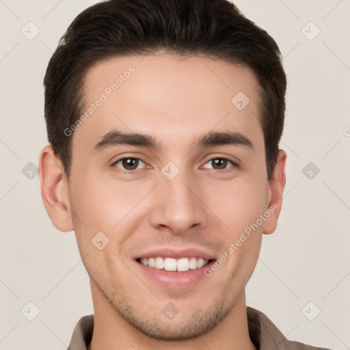 Joyful white young-adult male with short  brown hair and brown eyes