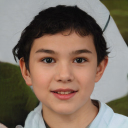 Joyful white child female with short  brown hair and brown eyes