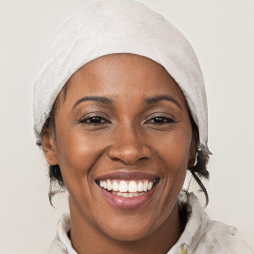 Joyful white young-adult female with medium  black hair and brown eyes