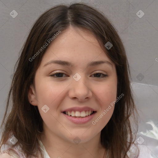 Joyful white child female with medium  brown hair and brown eyes