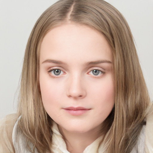 Neutral white young-adult female with medium  brown hair and grey eyes