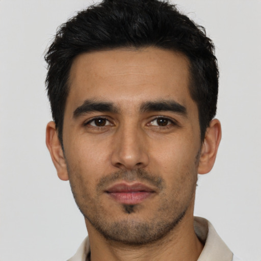 Neutral latino young-adult male with short  black hair and brown eyes