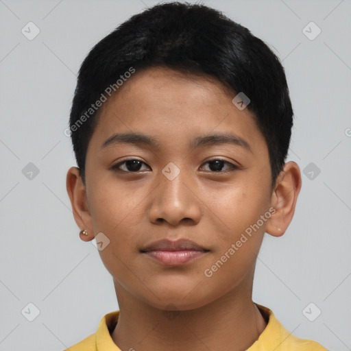 Neutral asian young-adult female with short  black hair and brown eyes