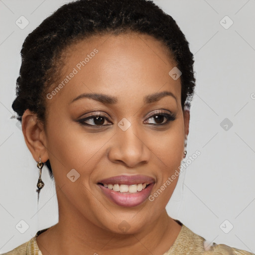 Joyful latino young-adult female with short  brown hair and brown eyes