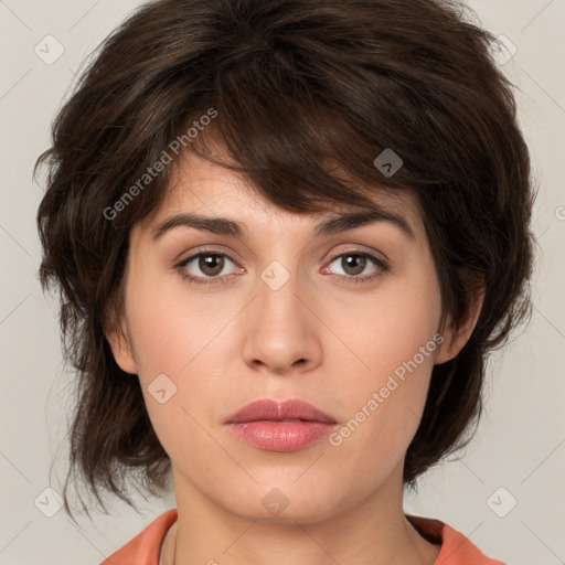 Neutral white young-adult female with medium  brown hair and brown eyes