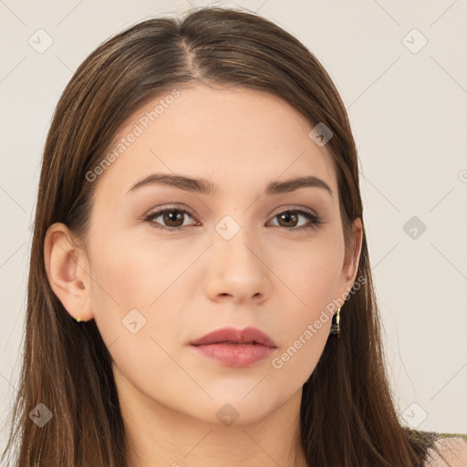 Neutral white young-adult female with long  brown hair and brown eyes